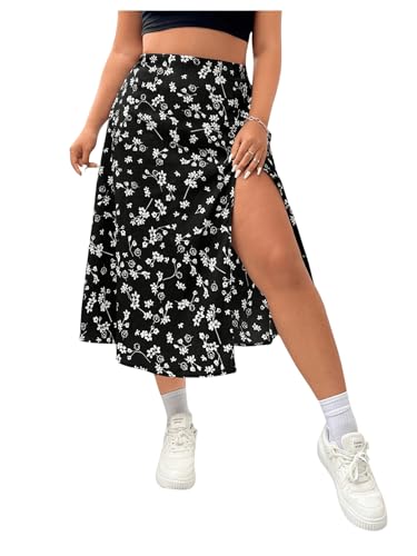 Floerns Women's Plus Size Floral Elastic High Waist Skirt Boho Slit Hem Midi Skirt - Main Image