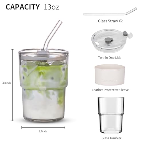 Image of BLUEPOLAR 13 oz Tumbler Water Glass, Water Bottle with Straw and Dustproof Lid, Coffee Ice Cup Double Wall Insulated Glass Cup (White with Protect Sleeve)