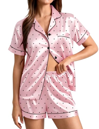 Image of SWOMOG Womens Silk Satin Pajamas Set Short Sleeve Sleepwear Button Down Top and Shorts Loungewear 2 Piece Pjs Set XS-3XL