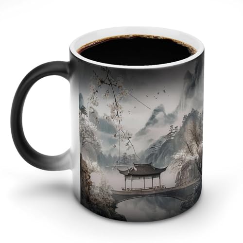 中国風の風景水墨画マグカップ 変色カップ 美しい自然の風景 イラストアート コーヒーカップ 高級 おしゃれ 人気 誕生日プレゼント ギフト 贈り物 彼女 妻 友人 家族 愛する人への素敵なプレゼント バレンタインデー 結婚記念日 プレゼント 350ml