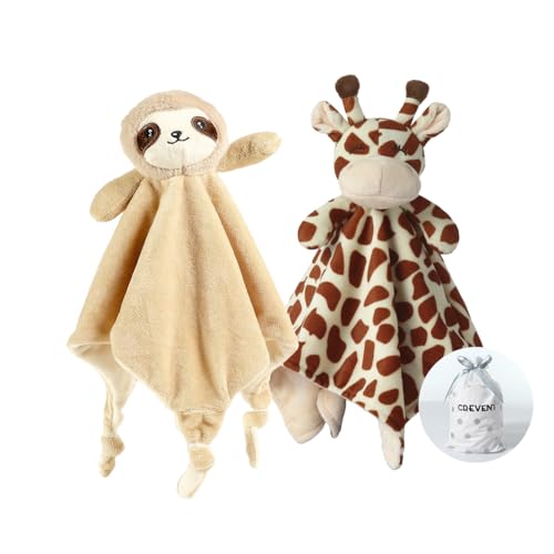 Image of CREVENT Cozy Plush Baby Security Blanket, Loveys for Baby Girls and Boys, Birthday (Giraffe + Sloth)