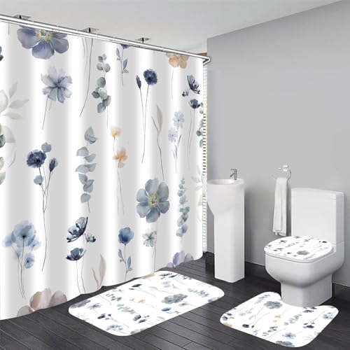 DDQQ 4Pcs Flower Shower Curtain Set with Floral Bathroom Sets Blue Floral Shower Curtain with 12 Hooks Bathroom Decor with Rugs Bath Accessories with Shower Curtains for Bathroom Toilet Lid Cover