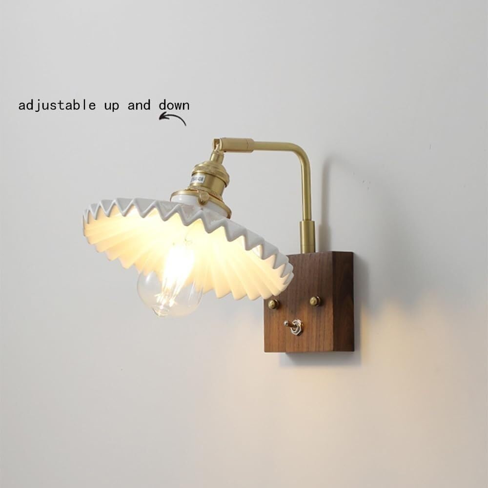 Nowoczesny mosiężny kinkiet ceramiczny klosz lampa ścienna z przełącznikiem nordycki retro drewno orzech kinkiety do sypialni przy łóżku salonu gabinetu E26/E27 gniazda