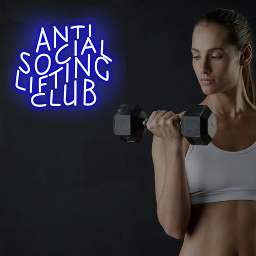 Image of Anti Social Lifting Club Neon Light Signs Weight Lifting Sign | USB Powered Dimmable Workout Gym Wall Decor Home Gym Decoration 14.6 inchx12.6 inch