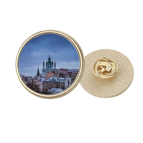 Broche ronde en métal doré château bleu art déco pour sublimer une veste
