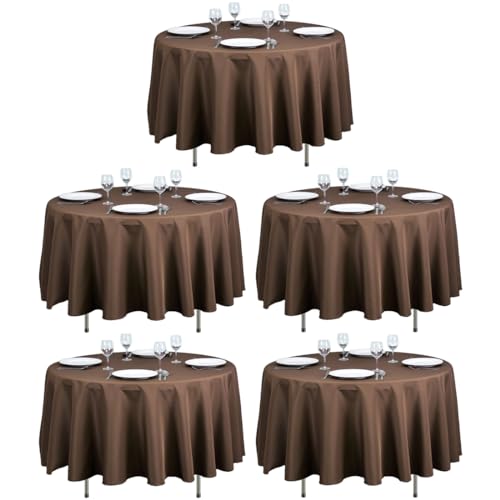 LTC LINENS 5 Pack 90 Inch Round Tablecloth Chocolate - Wrinkle Resistant Table Cloth for Round Table -Washable Polyester Fabric Table Cover for Wedding, Party