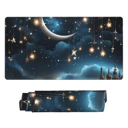 Tapis de souris gaming grand format ciel nocturne lune étoiles 40,6 x 74,9 cm