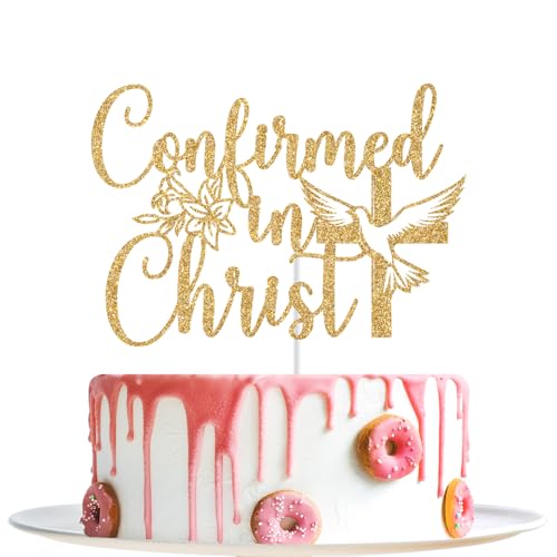 Décoration de gâteau Confirmed in Christ en paillettes dorées pour baptême