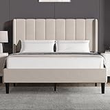 Blisswood King Size Bed Frame Noise-Free Upholstered Platform Bed With Vertical Design Headboard Sturdy Wooden Slats Support & Under Bed Storage (Beige, King)