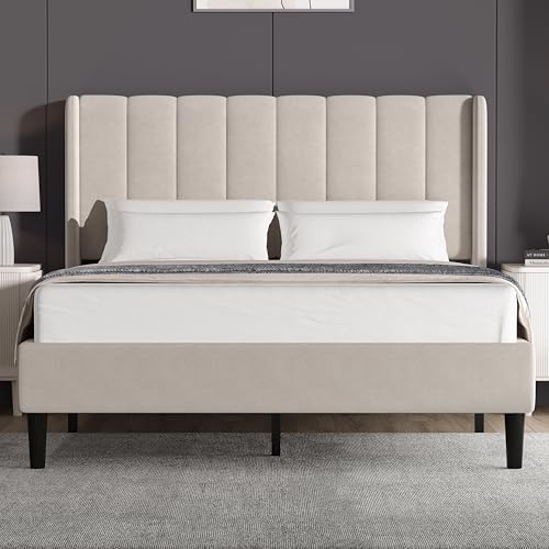 Blisswood Double Bed, Noise-Free 4ft6 Upholstered Platform Bed With Vertical Design Headboard/Velvet Fabric Double Bed Frame/Sturdy Wooden Slats Support & Under Bed Storage (Beige)