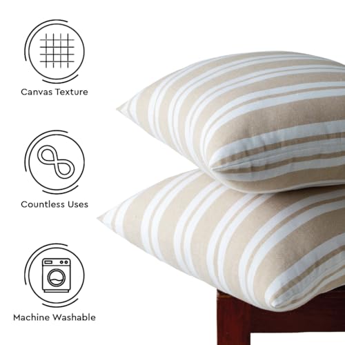 Image of Encasa XO Farmhouse Throw Pillow Covers Set of 2 (20x20 in) Franca Beige Stripes | Decorative Cushion Covers No Inserts | Plaid and Stripes Pillow Covers for Living Room, Couch