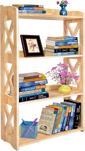 Image of Natural Bookcase by Natural Wood, 4 Tier Bookshelf, Small Book Shelves Freestanding Display Storage Shelves. Open Bookshelf for Bedroom, Living Room and Office (Natural, 4 Tier)