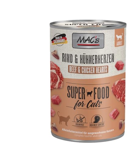 ARELF Bundle Mac's Cat Rind & Hühnerherzen 6 x 400g + GRATIS Miamor Sachet – Getreidefreies Nassfutter für Katzen