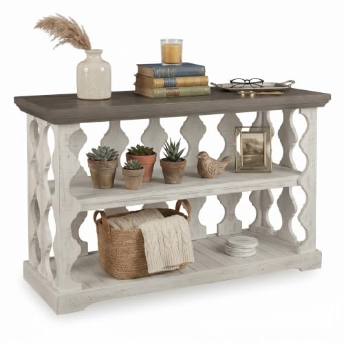 Signature Design by Ashley Havalance Farmhouse Console Sofa Table, Fixed Shelf, Pine Wood, 45.5" W x 17.25" D x 27.88" H, Distressed Finish, Gray & White