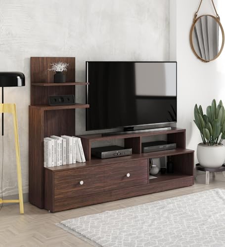 Image of Olly TV Unit | Engineered Wood | Choco Walnut Finish | Including Storage Drawers & Shelves | Modern TV Stand for Home | Knock Down Assembly | 36 Months Warranty
