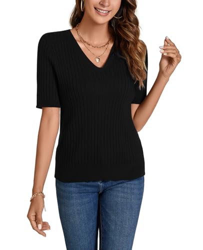 Image of Women Summer Knit Shirt Blouse V Neck Short Sleeve Pullover Sweater Tops