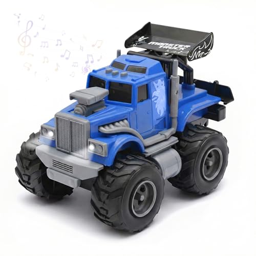 Image of Kidology Monster Truck City Service Friction Car Toy | Push & Go All-Terrain Off-Road Vehicle with Flashing Lights & Sounds | Heavy-Duty Big Wheel Action Toy for Kids (Blue)