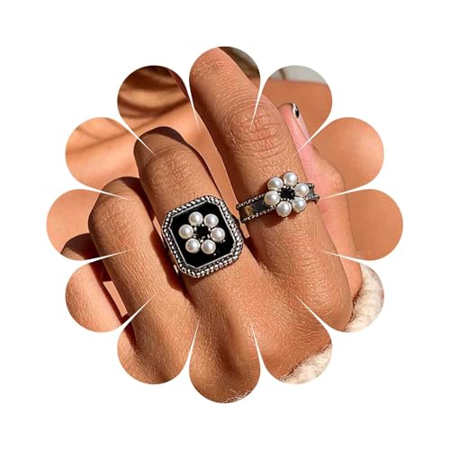 Jugielu Vintage Pearl Flower Ring Square Signet Ring Black Square Rings Pearl Floral Rings Squares...