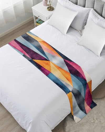 Colorful Geometric Bed Runner for King Size, Rhombus Abstract Impressionist Bedspread Protector Slipcover Bed Scarf for Foot Runners & Scarves for Bedroom Hotel Wedding Room 102x20 Inches