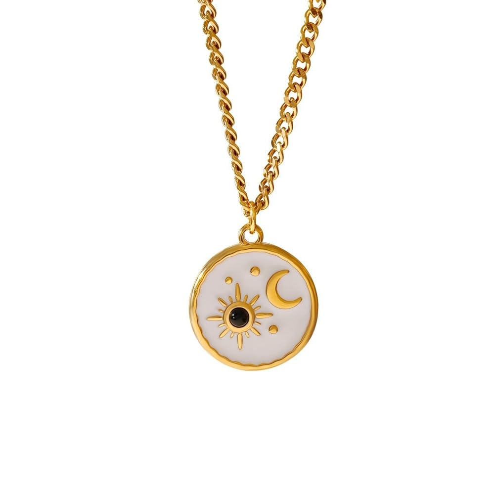 Sun and Moon Necklace for Women Men Stainless Steel Sun Moon Necklaces Antiqued Round Coin Necklace Trendy Jewelry Gift White