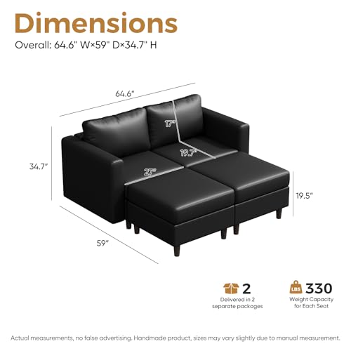 Image of ABCASA Faux Leather Loveseat Sofa Sleeper Bed with Storage Seat, 64.6 inch Modular Sectional Couch Deep Seat with Reversible Chaise 2-Seat Black