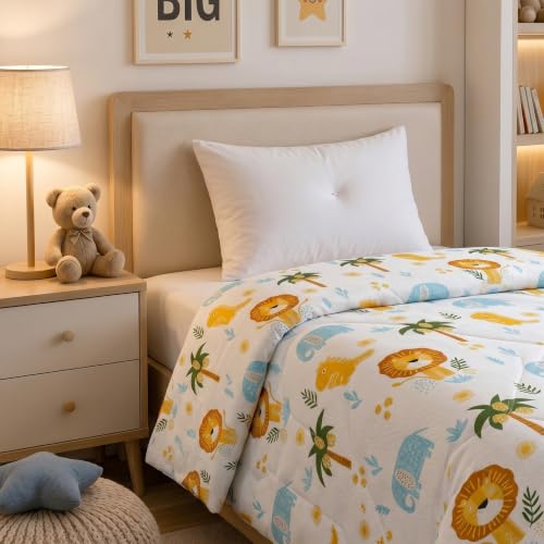 Image of Filymore Single Bed Cartoon Printed Blankets for Kids | Dohar for Kid Boys & Girls | Glace Cotton Soft Children Comforters | Summer & Winter Blankets (60x90 Inches) (Lion White)