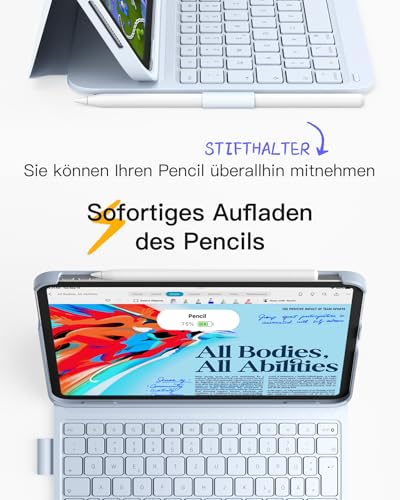 Inateck iPad 10 Generation Hülle mit Tastatur, für iPad 11 Gen. A16 2025 11 Zoll, Air 11 Zoll M3/M2 (2025/2024),Air 5/4, Pro 11 4/3/2/1,QWERTZ,Ultraleichte Tastatur mit Stifthalter,AirTap BK2007 6