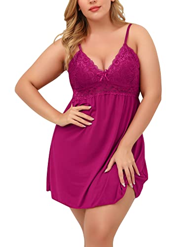 Ababoon Plus Size Lingerie For Women Lace Modal Chemises Nightgown V-Neck Full Slip Babydoll Sleepwear Size S-4Xl (Rose Red,Xxxx-Large) #TOP3