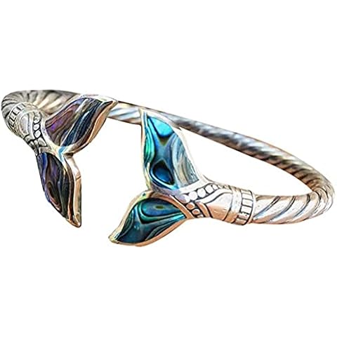 SUPYINI Abalone Shell and Silver Mermaid Tail Bangle Bracelet,Adjustable Open Hand Chain,Vintage Jewelry Mermaid Tail Bracelet, Durable Marine Style Valentine's Day Gift for Women Men Girls Cover