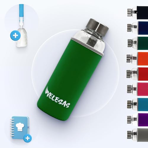 Velesas® drinking bottle 1l | 500ml with protective cover | 500ml dishwasher-safe glass bottle with neoprene cover and stainless-steel lid | for school, work, fitness sports, BPA-free | Light green
