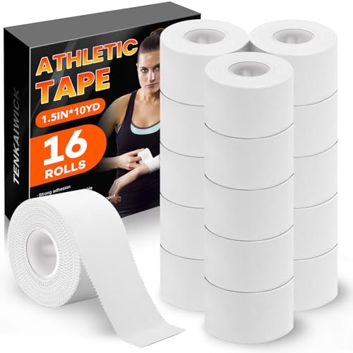 Image of 16 Pack Athletic Tape, White Sports Tape for Wrist Ankle Protection, Sports Tape Athletic No Sticky Residue, Easy to Tear Gymnastics Tape for Soccer, Football, Training Supplies (1.5 inch x 160 Yards)