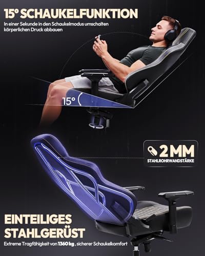 Dowinx Gaming Stuhl 200kg Belastbarkeit Chefsessel, Ergonomischer Bürostuhl mit 4D Armlehnen und Lendenwirbelstütze, Höhenverstellbarer Gaming Chair für Gamer und Esport Schwarz – Bild 5