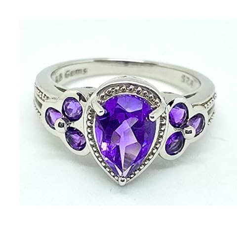 Image of 925 Sterling Silver Ring Genuine Gems Pear Shape 9x6 mm with Bezel-set Accented Gems, Rhodium-Plated Finish