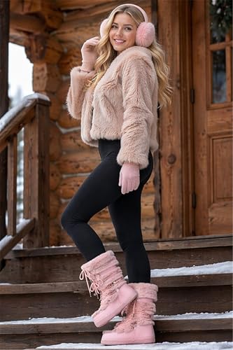 Image of ZHENAIYISHENG Furry Faux Fur Boots for Women - Fuzzy Winter Snow Boots - Fluffy Black White Pink Fur Boots - Lace-up Mid-Calf Water-Resistant Platform Boots