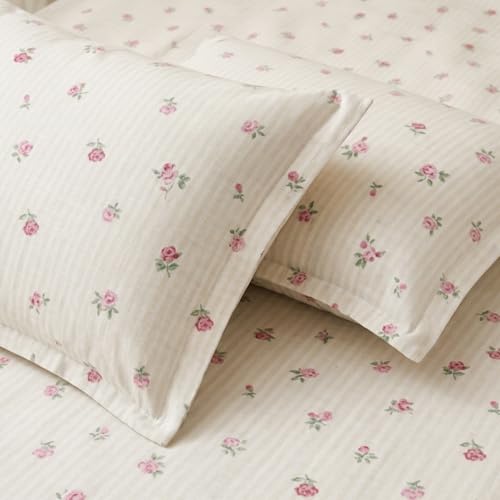 Image of Marrow Lane 300 TC Soft Air Cotton Double Bedsheet | Petite Fleur | Flatsheet with 2 Pillow Covers | Ditsy Rosebud Stripe Print (228.6 x 254 cm, Ivory & Pink)