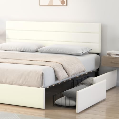 Molblly Upholstered Full Size Bed Frame with Headboard,4 Storage Drawers