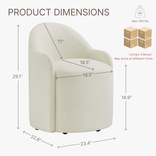 Image of KISLOT Upholstered Dining Chairs with Casters, No Assembly Modern Dining Room Chairs Accent Vanity Chair with 5 Wheels & Round Backrest for Bedroom, Living Room, Dressing, Linen Fabric, Set of 4