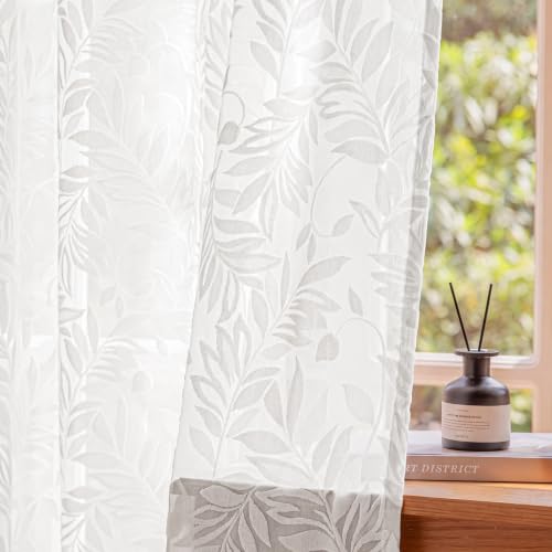 MIMUNULUX 3D Floral Lace Sheer Curtains 84 Inch - Ivory White Botanical Leaf Semi-Sheer Rod Pocket Panels (2 Pack)