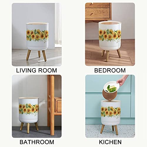 Image of Small Trash Can with Lid Sunflower seamless Watercolor horizontal border Yellow rural flowers Round Recycle Bin Press Top Dog Proof Wastebasket for Kitchen Bathroom Bedroom Office 7L /1.8 Gallon