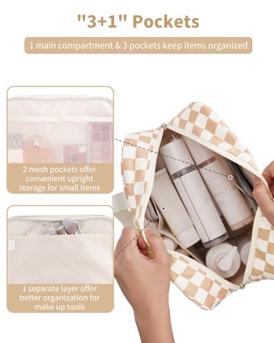 Narwey Large Checkered Travel Toiletry Bag Women Toiletries Bag Makeup Bag with Handle Make up bag Organizer Cosmetic Bag Medicine Bag for Girls (Light Checkerboard, Large)2