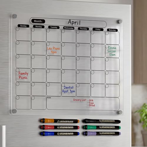 Acrylic Magnetic Dry Erase Calendar for Fridge Clear Monthly Whiteboard Planner Erasable Planning Board Black 16" x 12" w/ 6 Dark Color Wet Erase Marker
