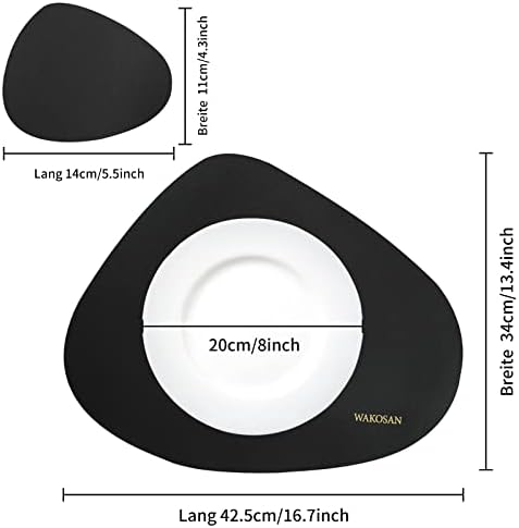 Leather Placemats and Coasters, Non-Slip Heat Resistant Placemats, Washable Table Decoration, Round Place Mats, Wipe Clean Place Mats for Kitchen Dining Table, Set of 6 (Black)