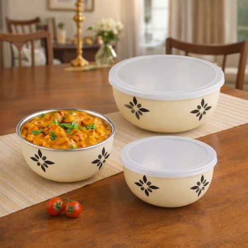 Image of Zaib Microwave Safe Stainless Steel Food Storage Container with Lid | Euro Mixing Bowl Set for Kitchen | 500ml, 800ml, 1250ml | Pack of 3 (ivory Regular set 3)
