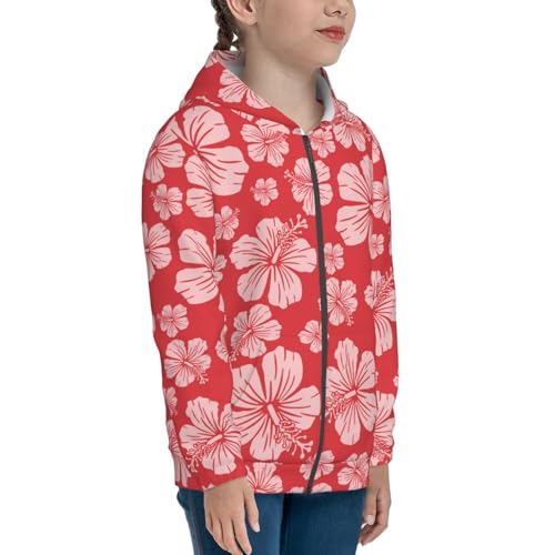Red Hibiscus Flower Kids Pullover Hoodies Boys Zip Up Sweatshirts Girls Athletic Clothes with Pocket4