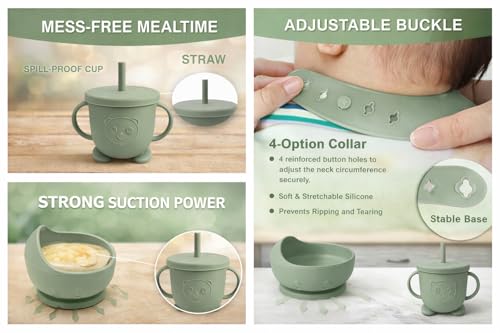 Image of SJC Global - 6 PCS (Green) Silicone Toddler Adjustable Tableware Set | Suction Bowl, Plate, Spoon, Fork, Bib & Cup for Babies | Silicone Baby Feeding Kit for Infants | BPA Free Food Grade