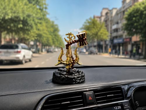 Image of Trishul Damroo Idol with Original Rudraksha Beads | Lord Shiva Symbol Murti for Car Dashboard, Home Decor & Office Table | Spiritual Gift for Pooja, Housewarming & Festive Use