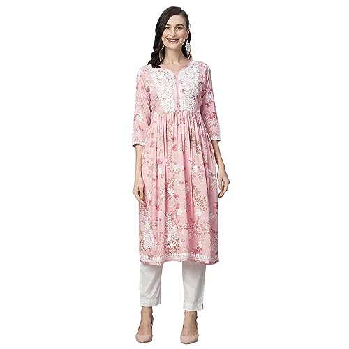 Image of RATAN Women's Rayon Printed Anarkali Lucknowi Chikankari Ethnic Wear Kurta