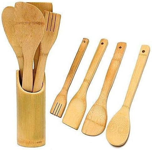 Piece BPA Candy Colours Utensils Set -Ultra Non Stick, Premium Rotating Stand, Turner, Spatula, Spoon, Ladle, Pasta, Space Saving Kitchen Tools (Set 4 Bamboo)