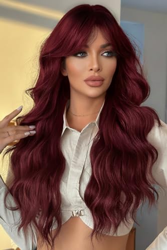 24 Inch Burgundy Wavy Wig with Bangs, Heat Resistant Synthetic Hair for Women, Adjustable Cap with Snap Clips for Daily Use, Wedding, Cosplay