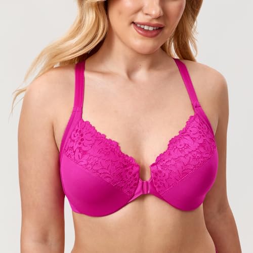 Image of DELIMIRA Women's Front Closure Racerback Bras | Plus Size, Full Coverage, Lace, Underwire, No Padding Unlined